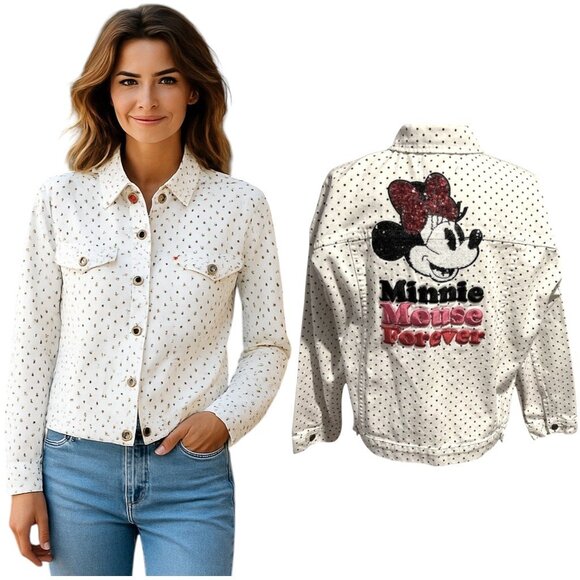 Disney Minnie Mouse Forever Polka Dot Women's Sz 3X Denim Jacket Sequin Back NWT - Picture 1 of 15